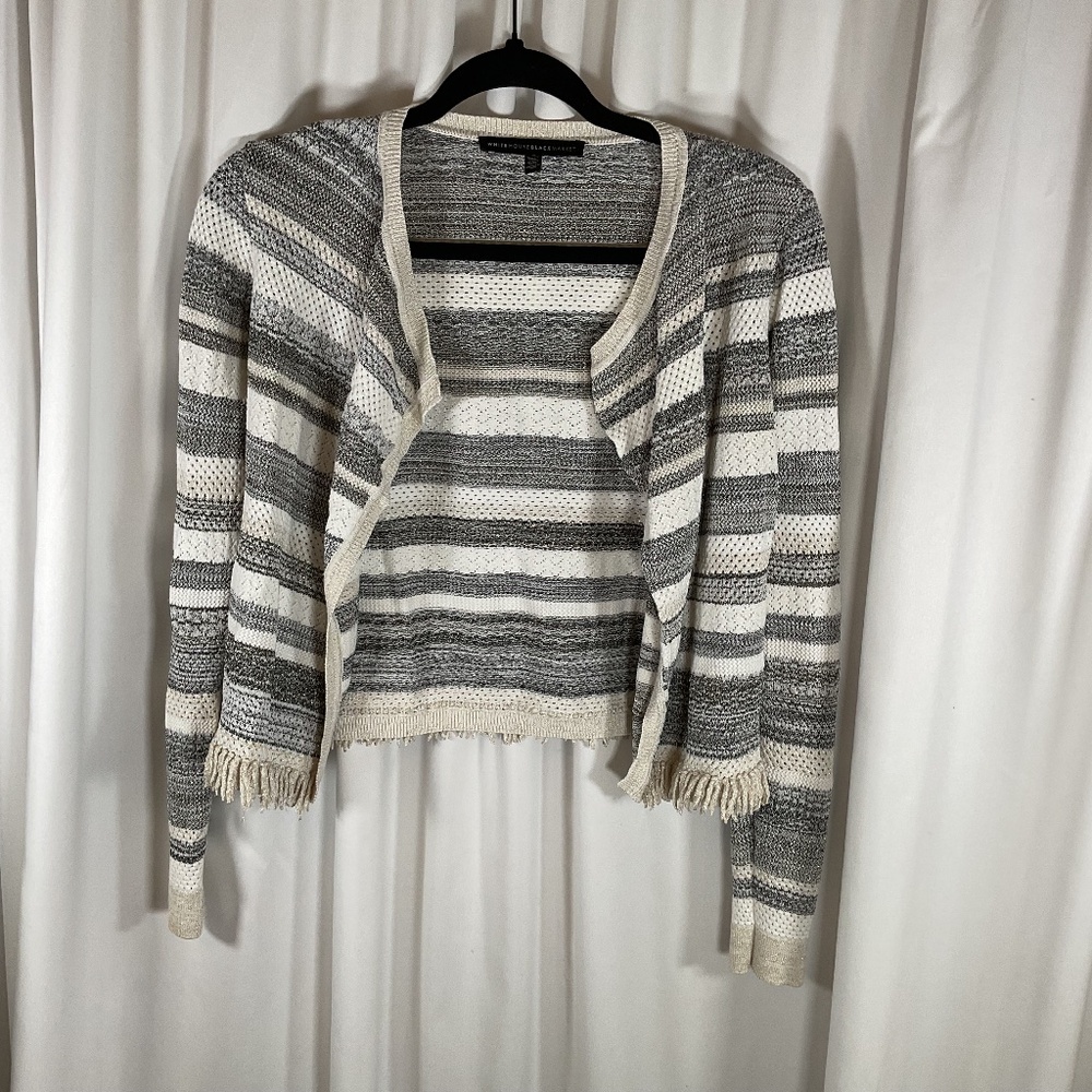 WHBM Women’s Small Open Cardigan Mixed Stitch Fringe Striped Sparkle Grey White